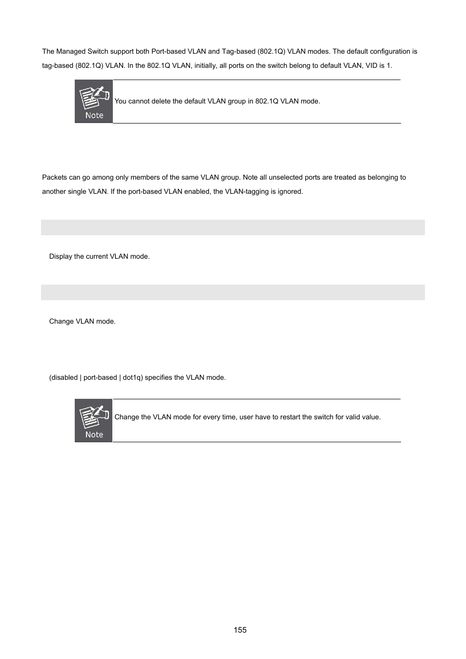 2 vlan mode: port-based, Show vlan mode, Vlan mode | PLANET WGSW-2620HP User Manual | Page 155 / 211