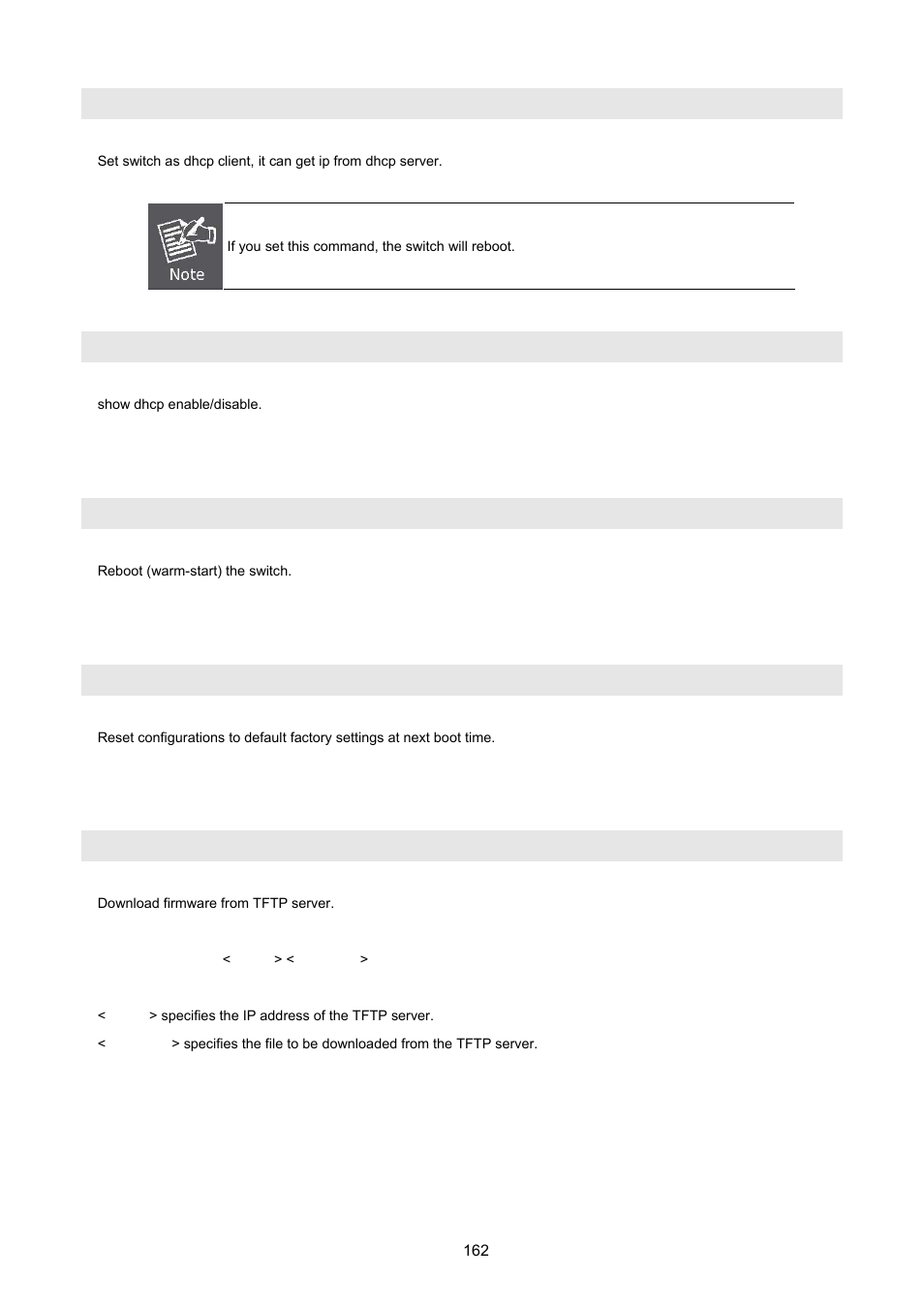 3 reboot switch, 4 reset to default, 5 tftp update firmware | PLANET WGSW-2620HP User Manual | Page 162 / 211