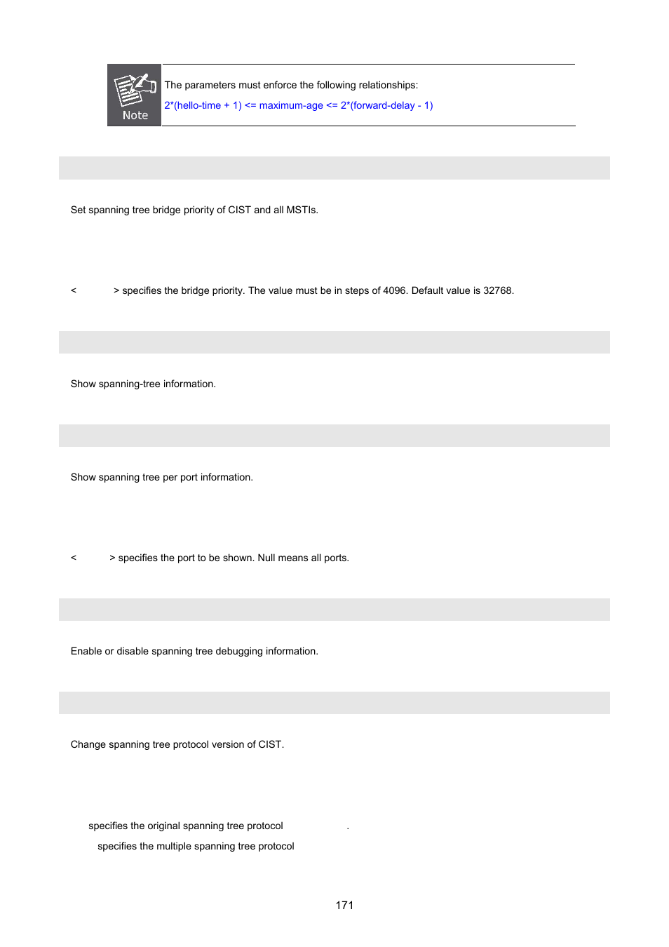 Spanning-tree priority, Show spanning-tree, Show spanning-tree port | No] spanning-tree debug, Spanning-tree protocol-version | PLANET WGSW-2620HP User Manual | Page 171 / 211