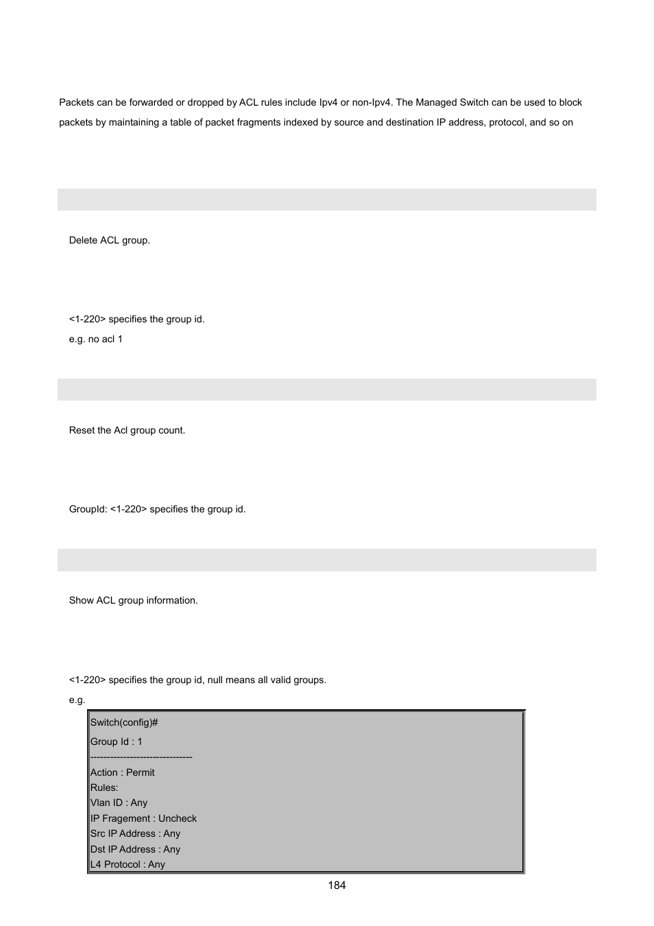 16 access control list, 1 ipv4 acl commands, No acl | No acl count, Show acl | PLANET WGSW-2620HP User Manual | Page 184 / 211