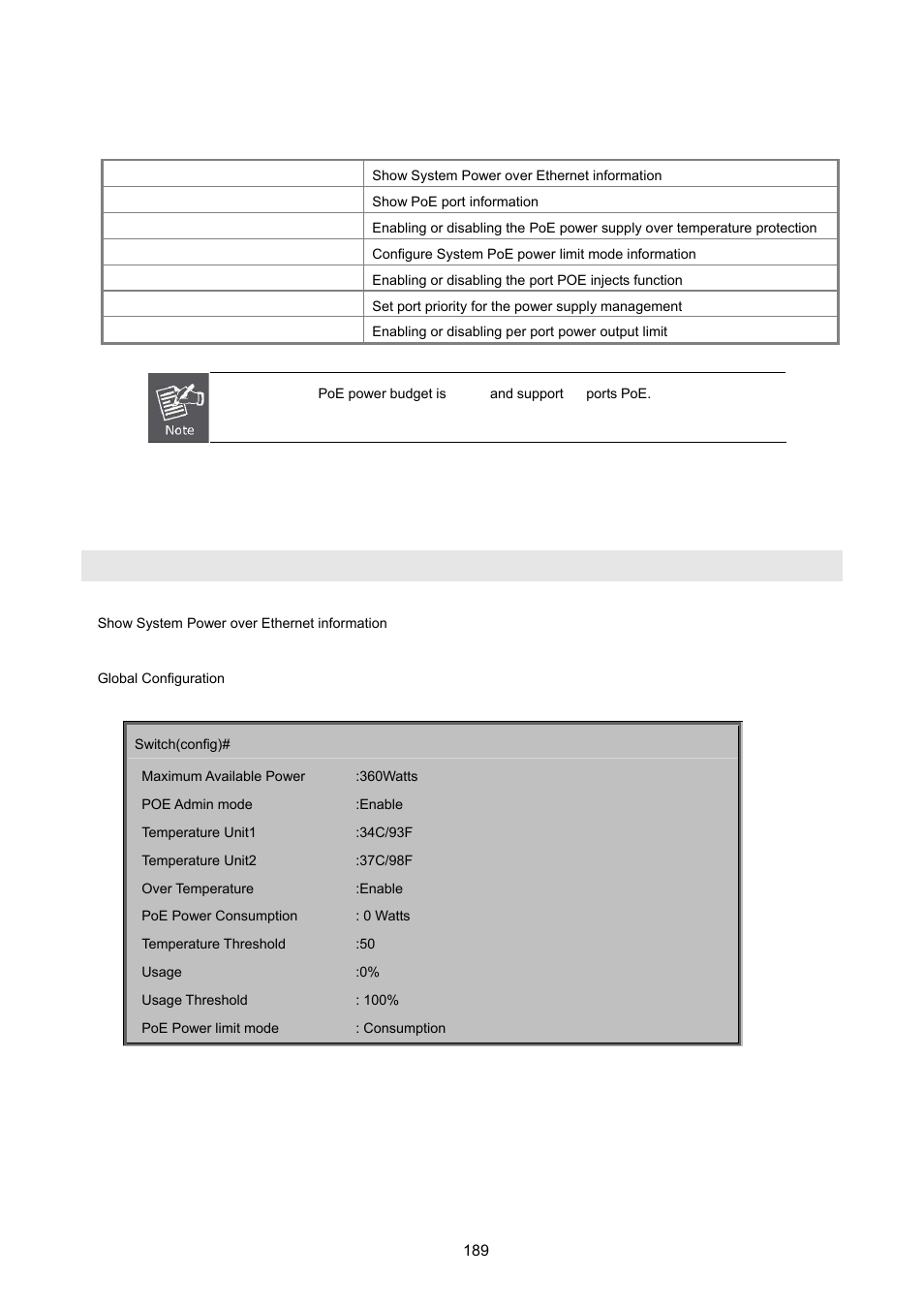 18 power over ethernet commands, 1 display system poe status, Show poe | PLANET WGSW-2620HP User Manual | Page 189 / 211