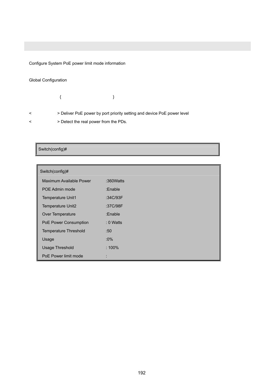 3 configure poe -- system, Poe limit-mode | PLANET WGSW-2620HP User Manual | Page 192 / 211