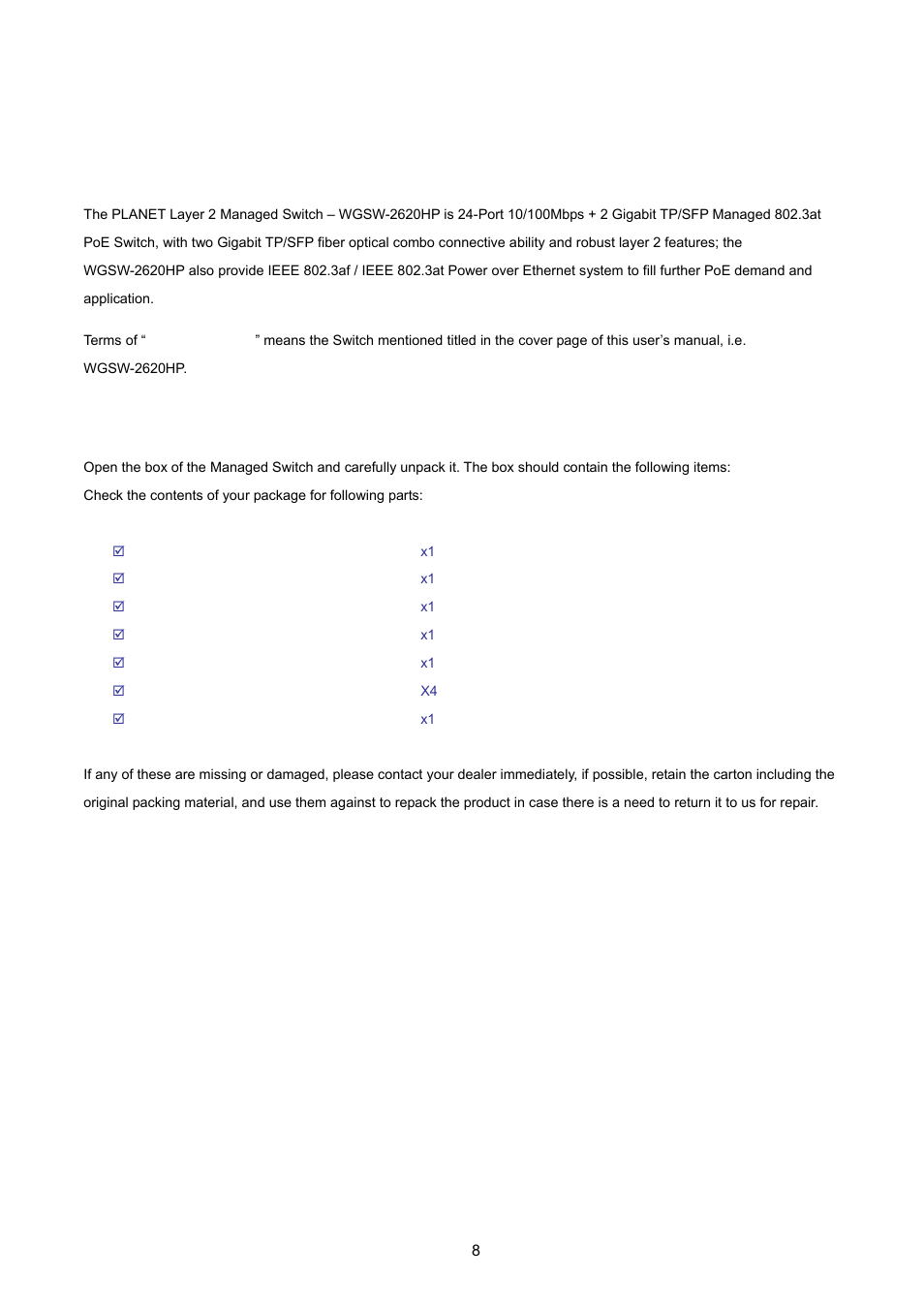 Introduction, 1 package contents | PLANET WGSW-2620HP User Manual | Page 8 / 211