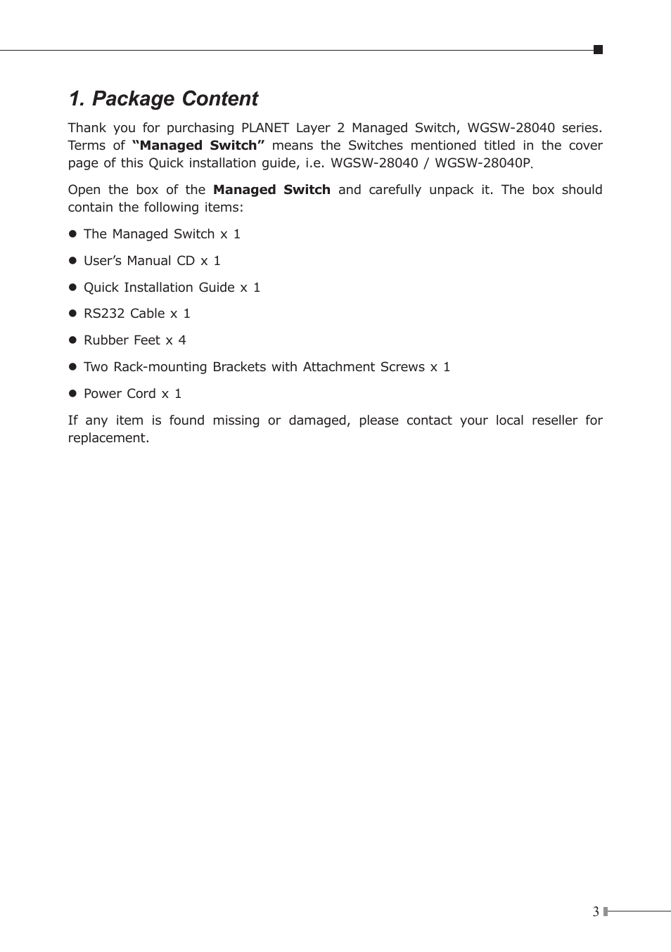 Package content | PLANET WGSW-28040 User Manual | Page 3 / 16