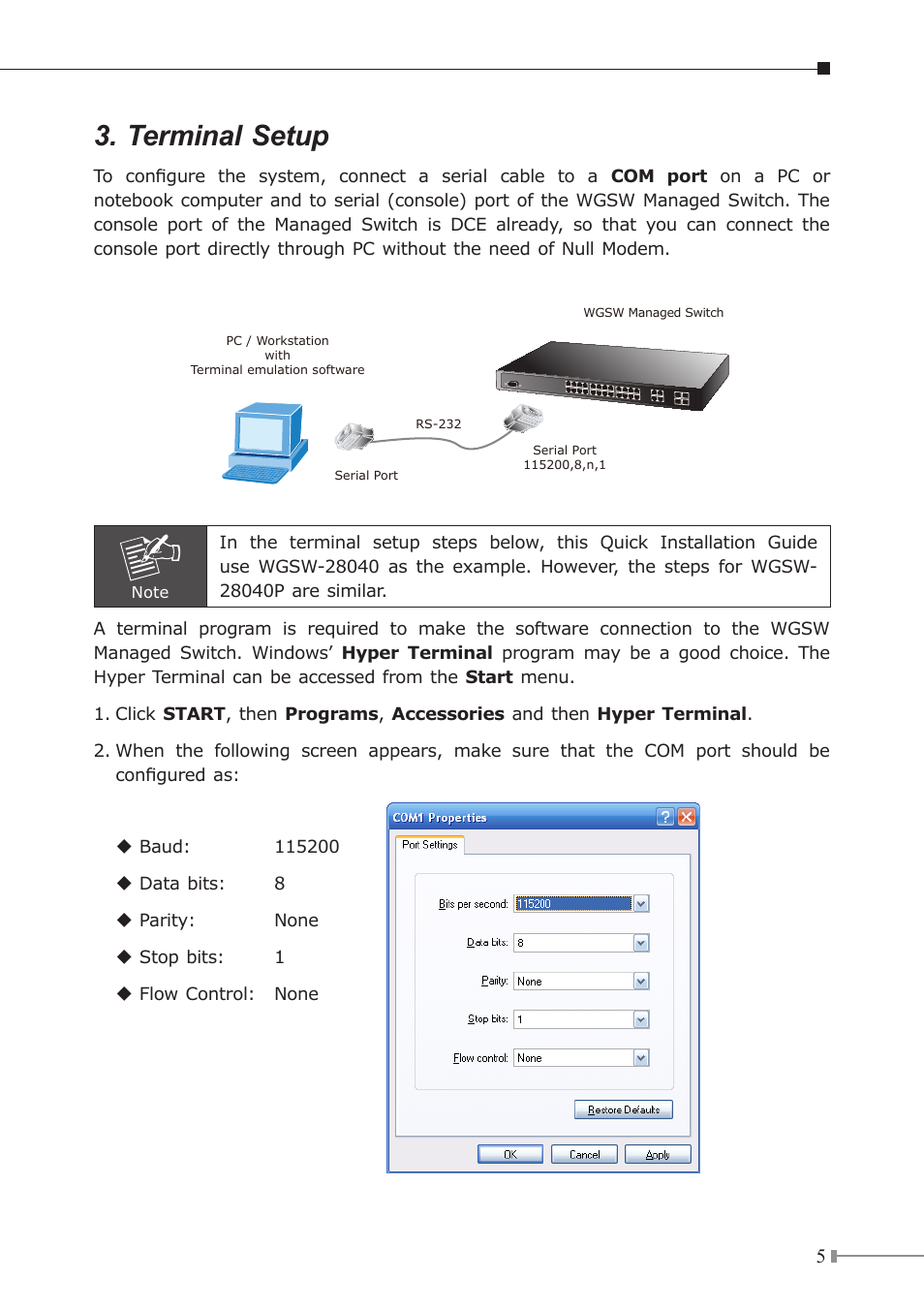 Terminal setup | PLANET WGSW-28040 User Manual | Page 5 / 16