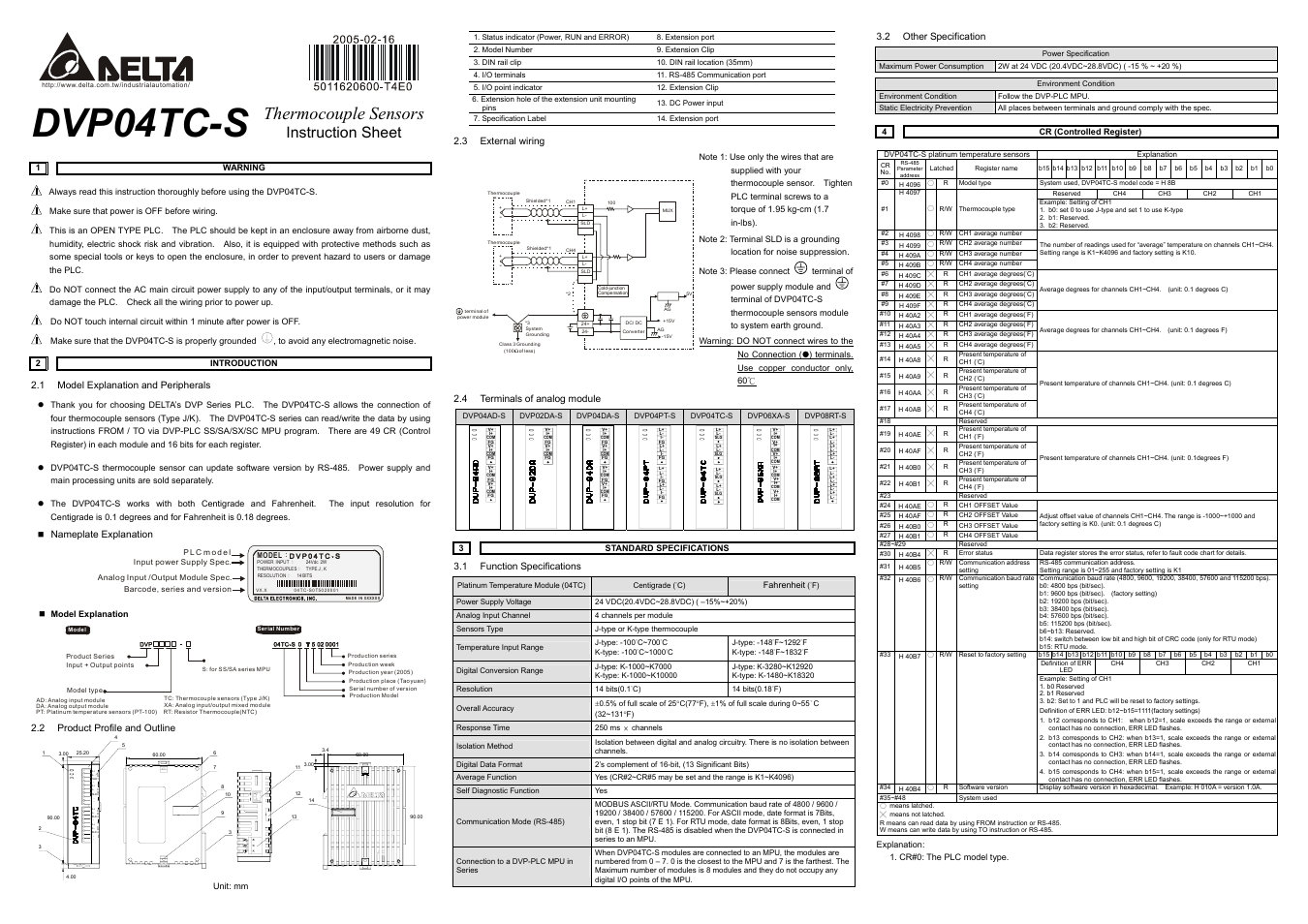 Delta Electronics Thermocouple Sensors DVP04TC-S User Manual | 2 pages