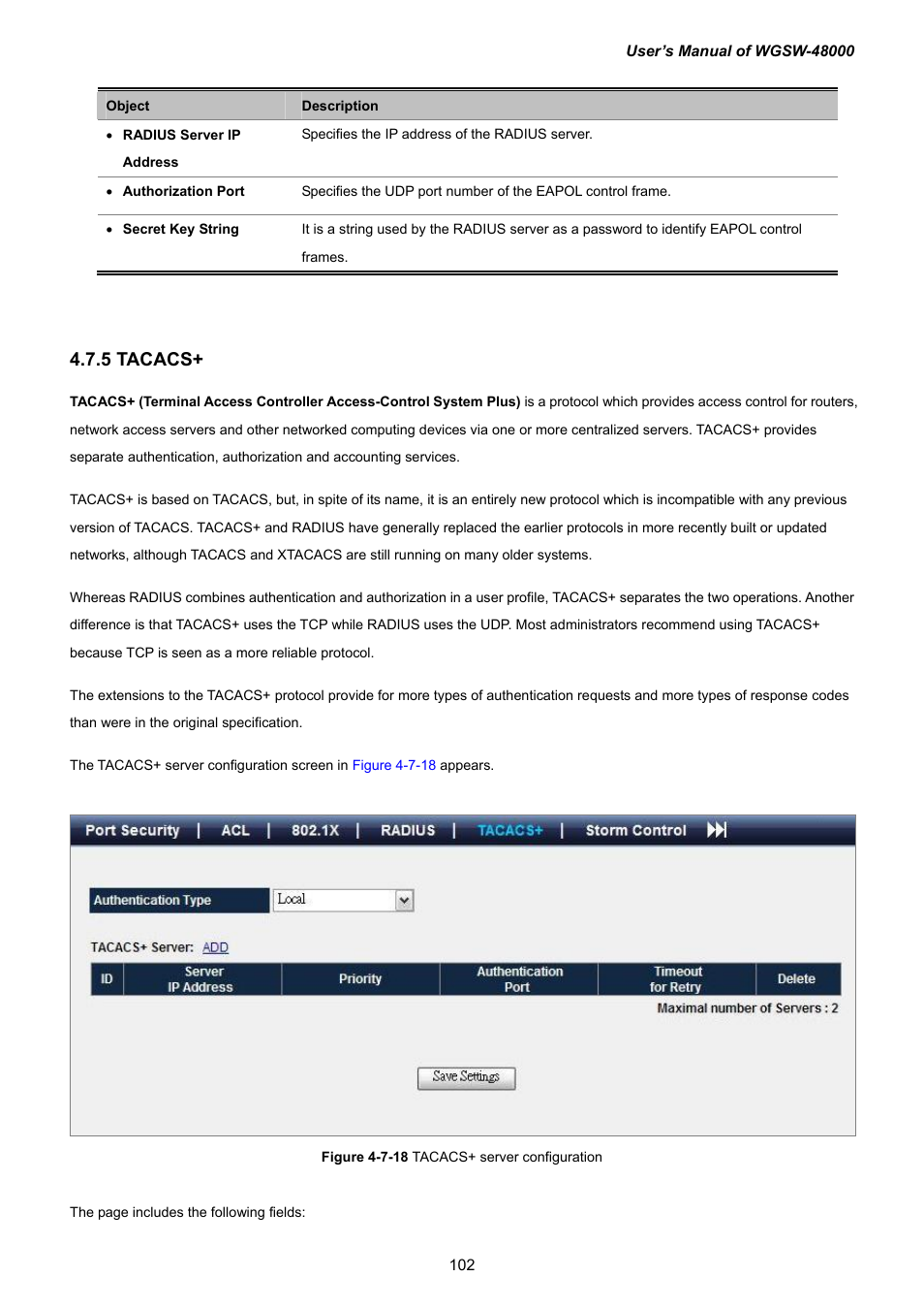5 tacacs | PLANET WGSW-48000 User Manual | Page 102 / 293