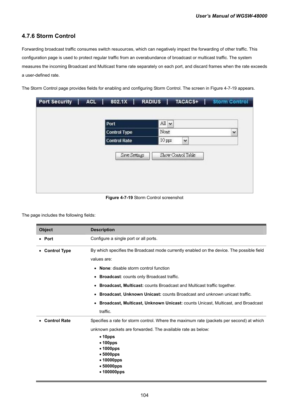 6 storm control | PLANET WGSW-48000 User Manual | Page 104 / 293