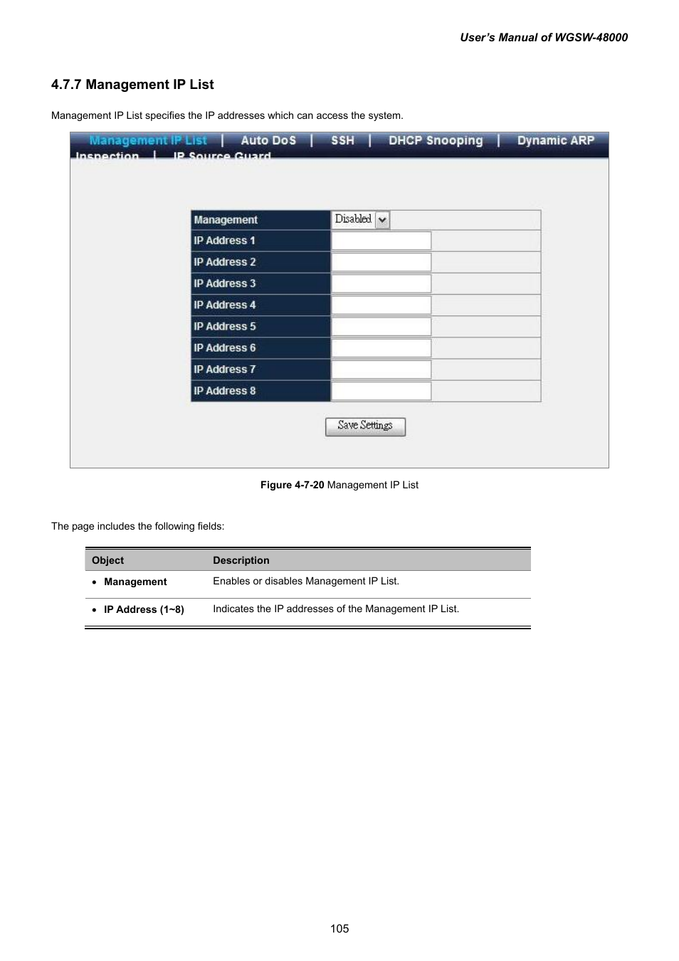 7 management ip list | PLANET WGSW-48000 User Manual | Page 105 / 293