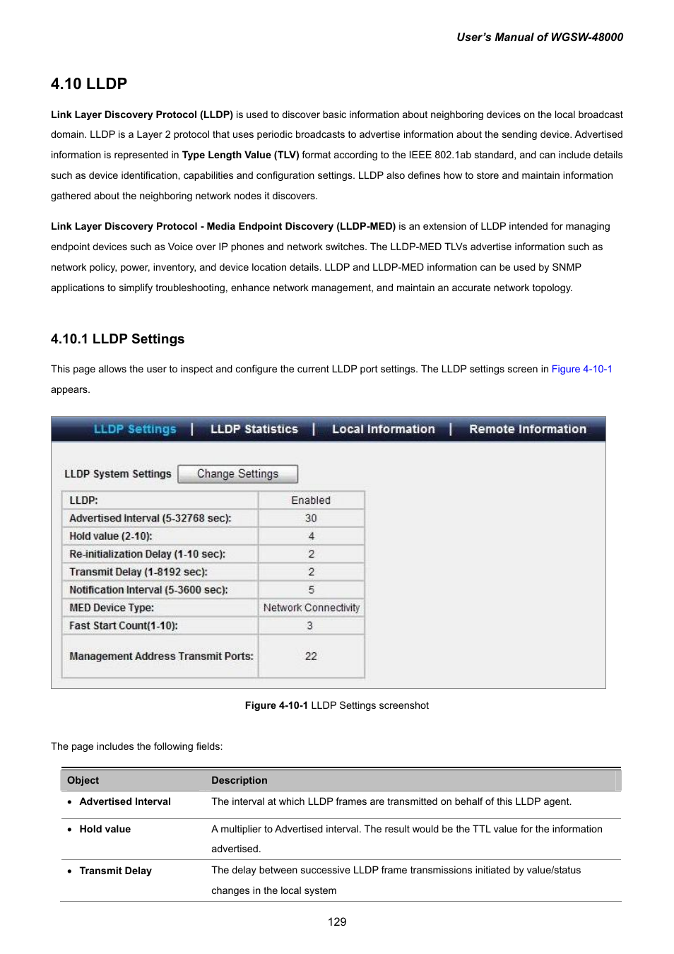 10 lldp, 1 lldp settings | PLANET WGSW-48000 User Manual | Page 129 / 293