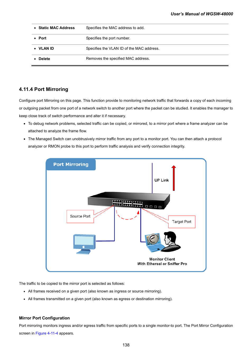4 port mirroring | PLANET WGSW-48000 User Manual | Page 138 / 293