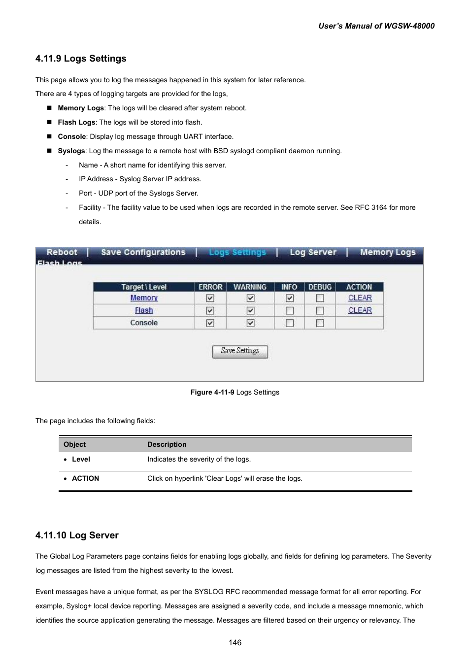 9 logs settings, 10 log server | PLANET WGSW-48000 User Manual | Page 146 / 293