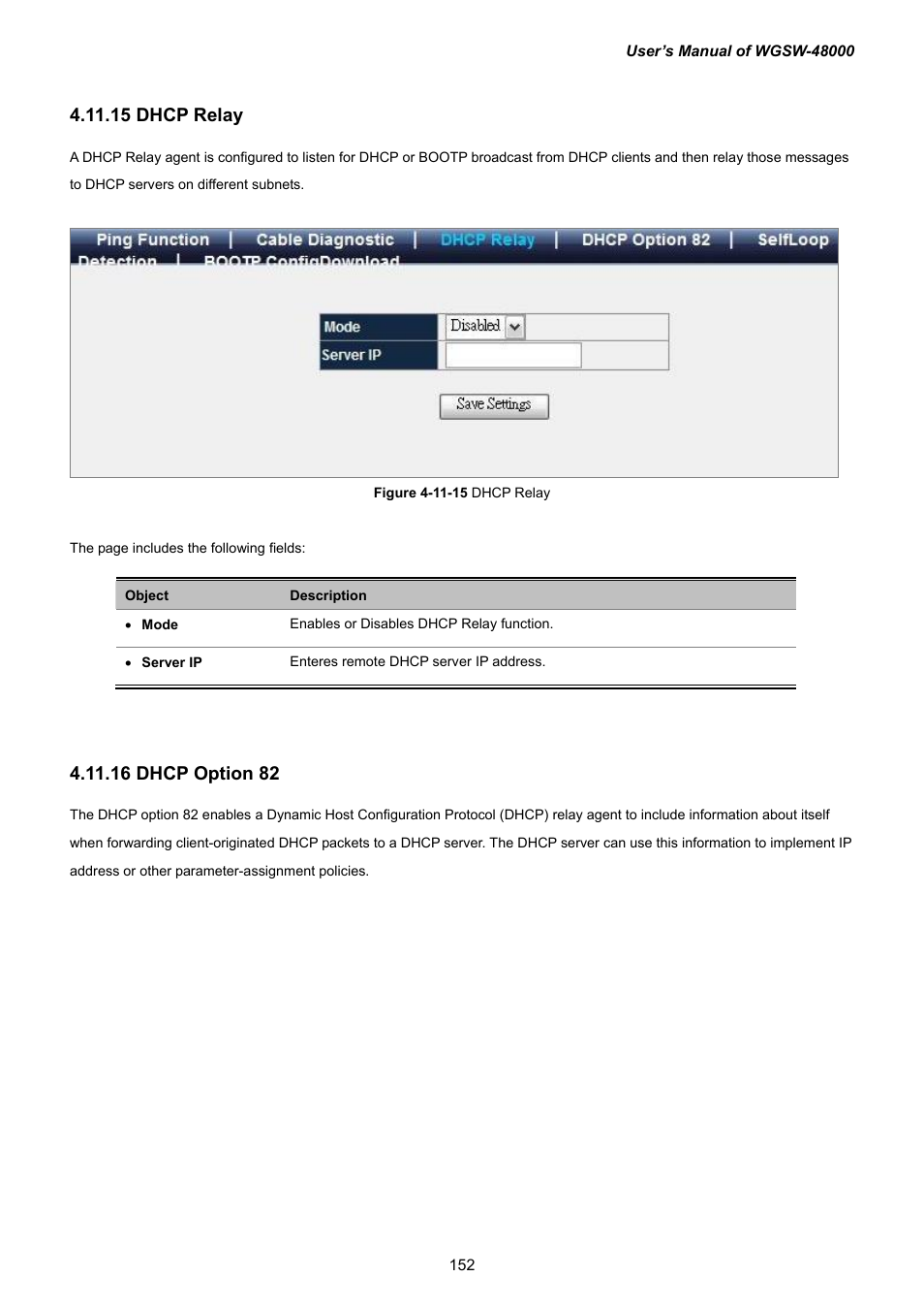 15 dhcp relay, 16 dhcp option 82 | PLANET WGSW-48000 User Manual | Page 152 / 293
