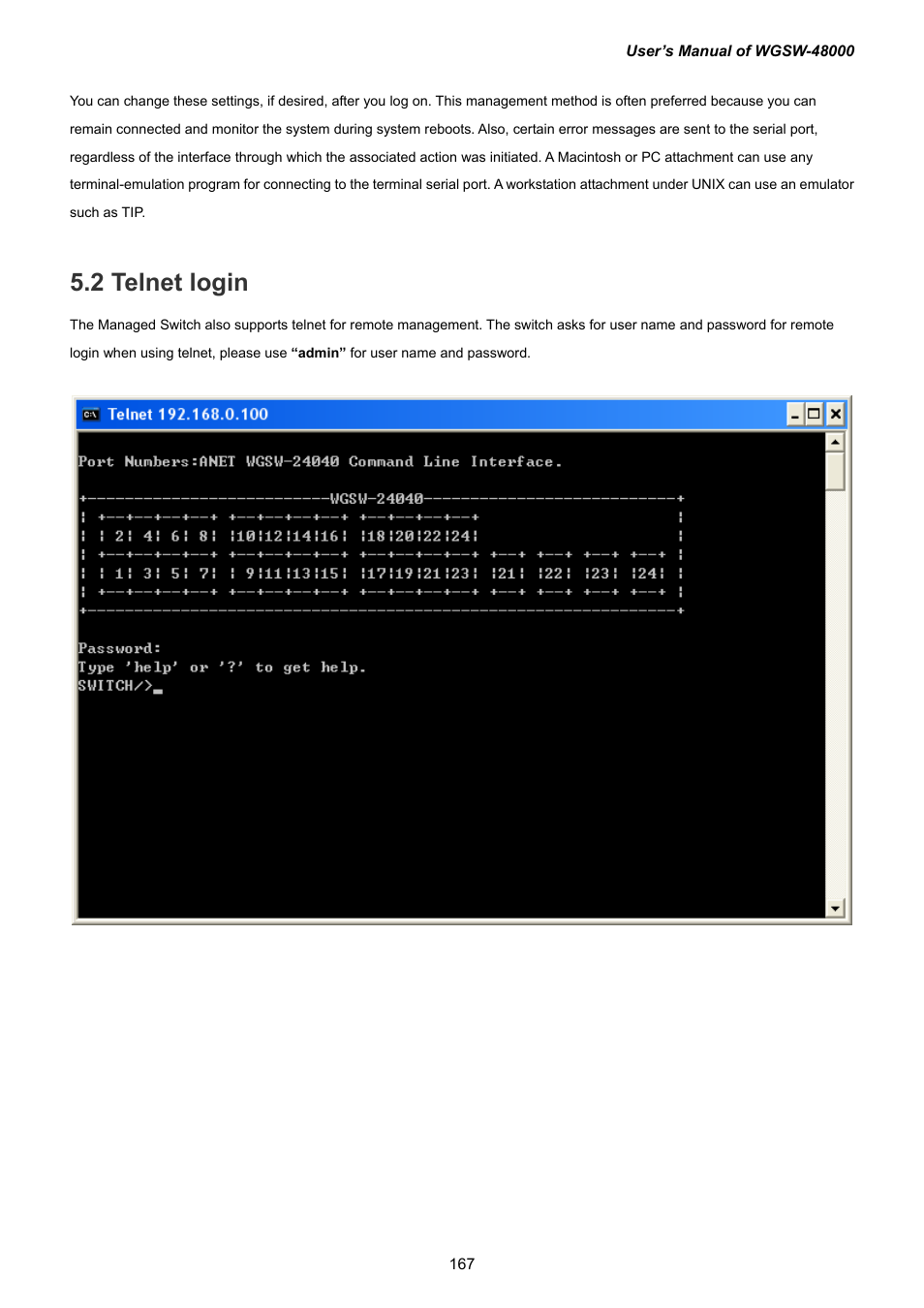 2 telnet login | PLANET WGSW-48000 User Manual | Page 167 / 293
