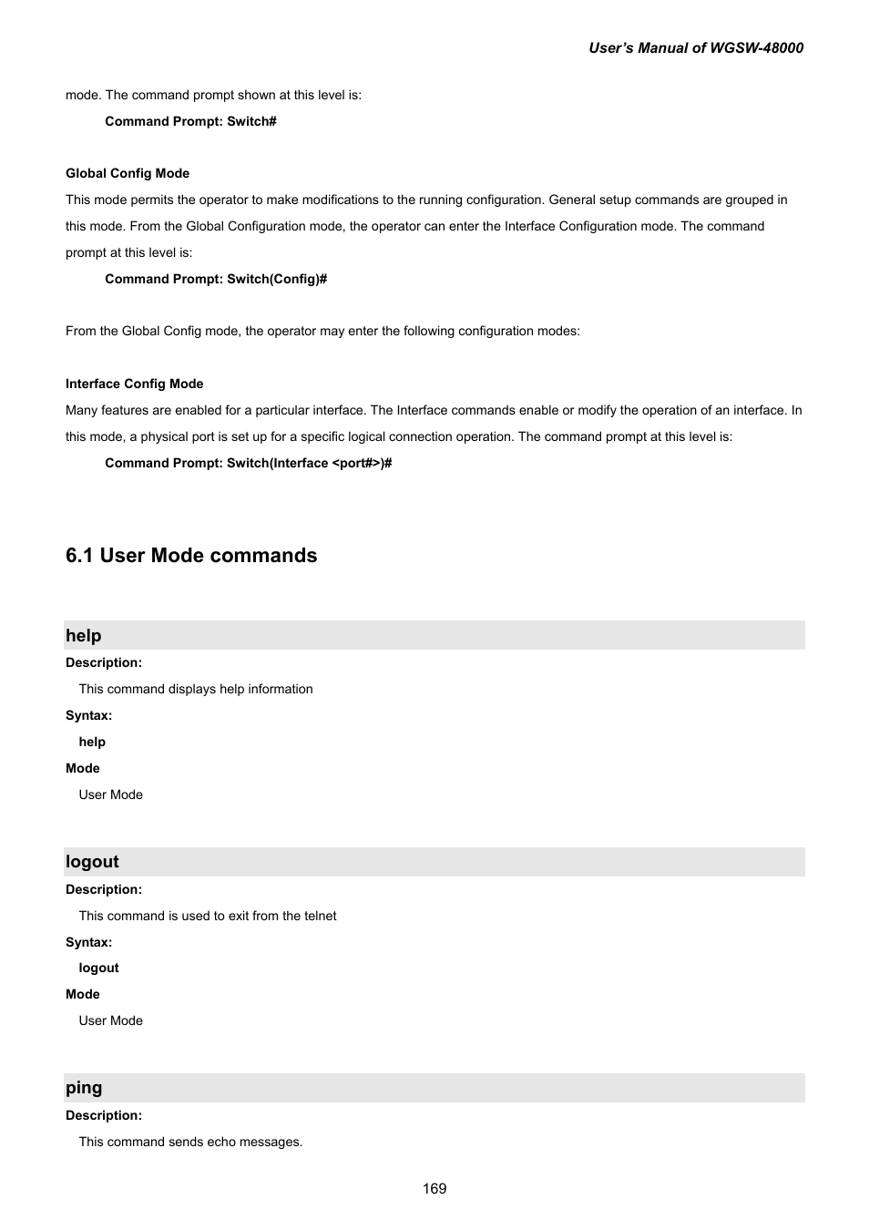 1 user mode commands, Help, Logout | Ping | PLANET WGSW-48000 User Manual | Page 169 / 293