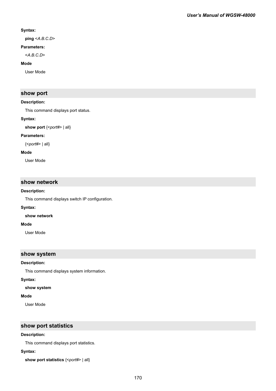 Show port, Show network, Show system | Show port statistics | PLANET WGSW-48000 User Manual | Page 170 / 293