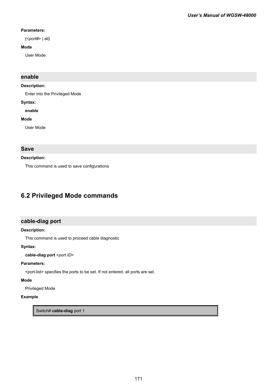 Enable, Save, 2 privileged mode commands | Cable-diag port | PLANET WGSW-48000 User Manual | Page 171 / 293