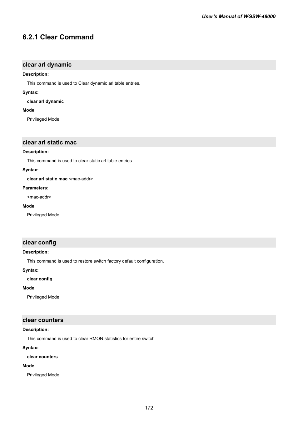 1 clear command, Clear arl dynamic, Clear arl static mac | Clear config, Clear counters | PLANET WGSW-48000 User Manual | Page 172 / 293