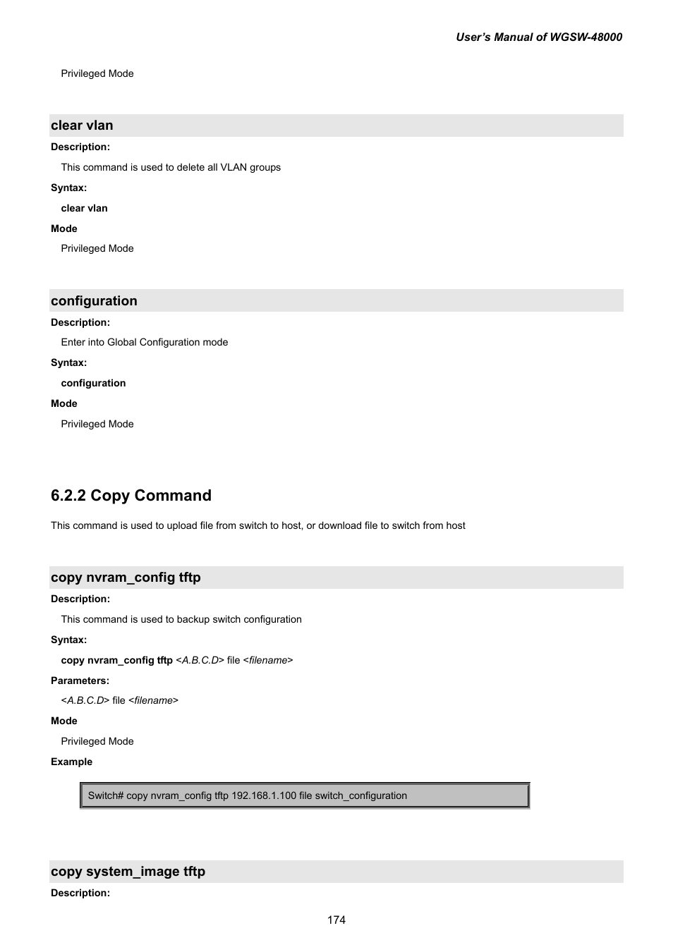Clear vlan, Configuration, 2 copy command | Copy nvram_config tftp, Copy system_image tftp | PLANET WGSW-48000 User Manual | Page 174 / 293