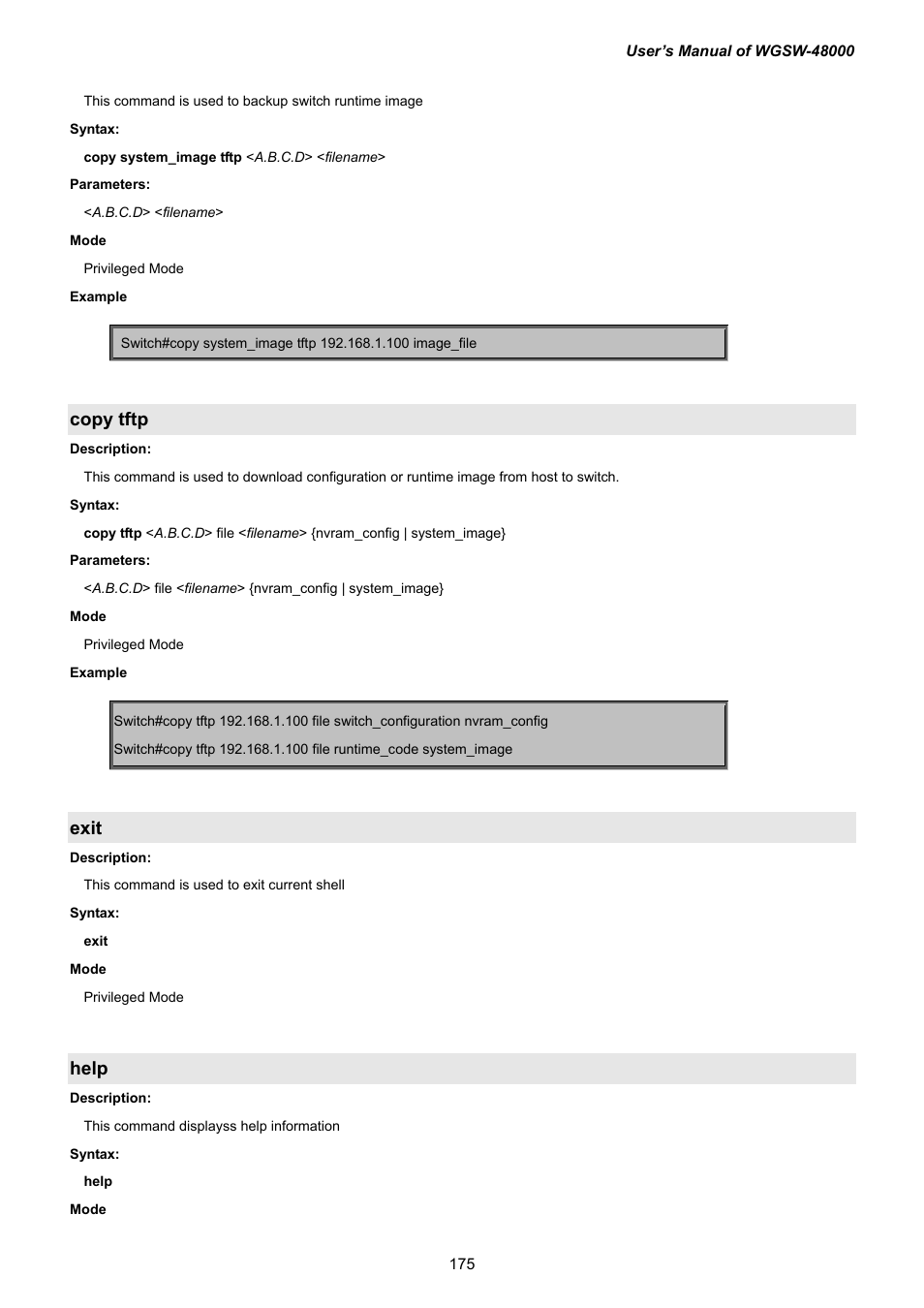 Copy tftp, Exit, Help | PLANET WGSW-48000 User Manual | Page 175 / 293