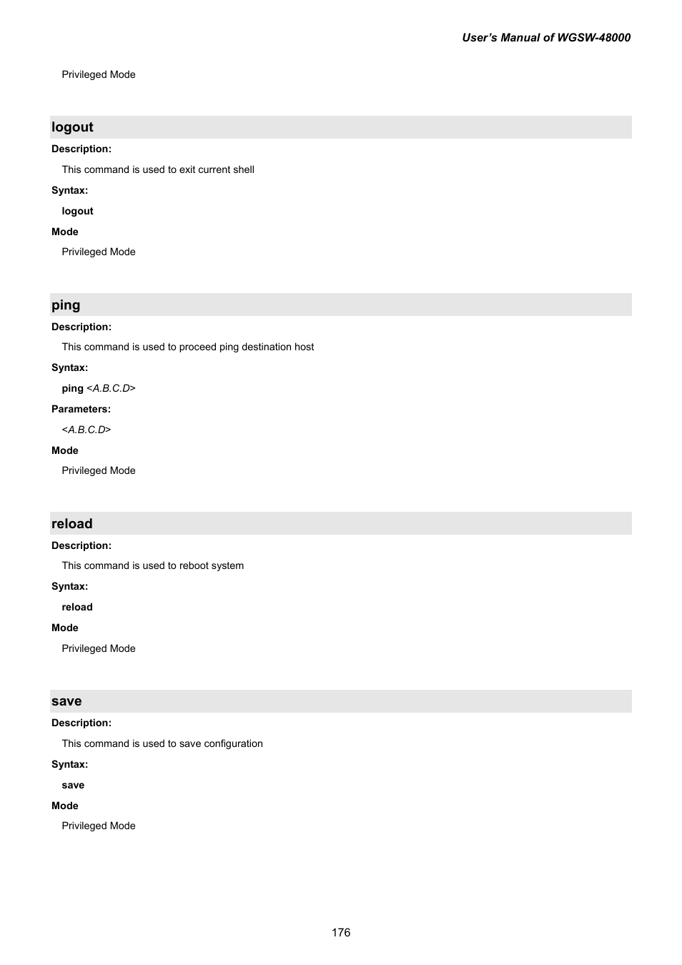 Logout, Ping, Reload | Save | PLANET WGSW-48000 User Manual | Page 176 / 293