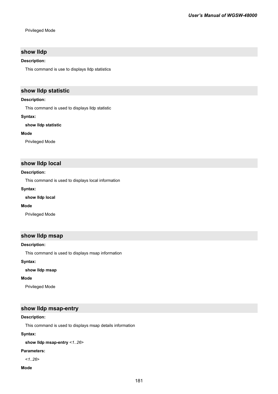 Show lldp, Show lldp statistic, Show lldp local | Show lldp msap, Show lldp msap-entry | PLANET WGSW-48000 User Manual | Page 181 / 293