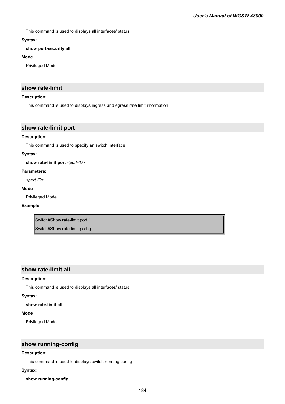 Show rate-limit, Show rate-limit port, Show rate-limit all | Show running-config | PLANET WGSW-48000 User Manual | Page 184 / 293