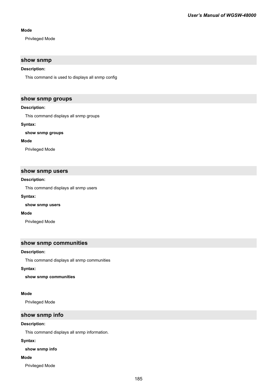 Show snmp, Show snmp groups, Show snmp users | Show snmp communities, Show snmp info | PLANET WGSW-48000 User Manual | Page 185 / 293