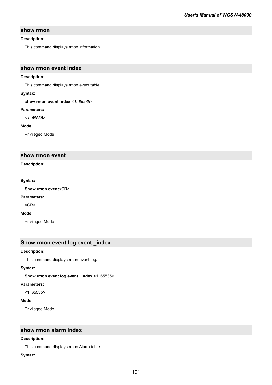 Show rmon, Show rmon event index, Show rmon event | Show rmon event log event _index, Show rmon alarm index | PLANET WGSW-48000 User Manual | Page 191 / 293
