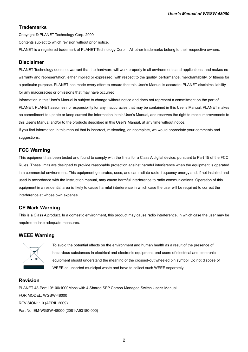 Trademarks, Disclaimer, Fcc warning | Ce mark warning, Weee warning, Revision | PLANET WGSW-48000 User Manual | Page 2 / 293