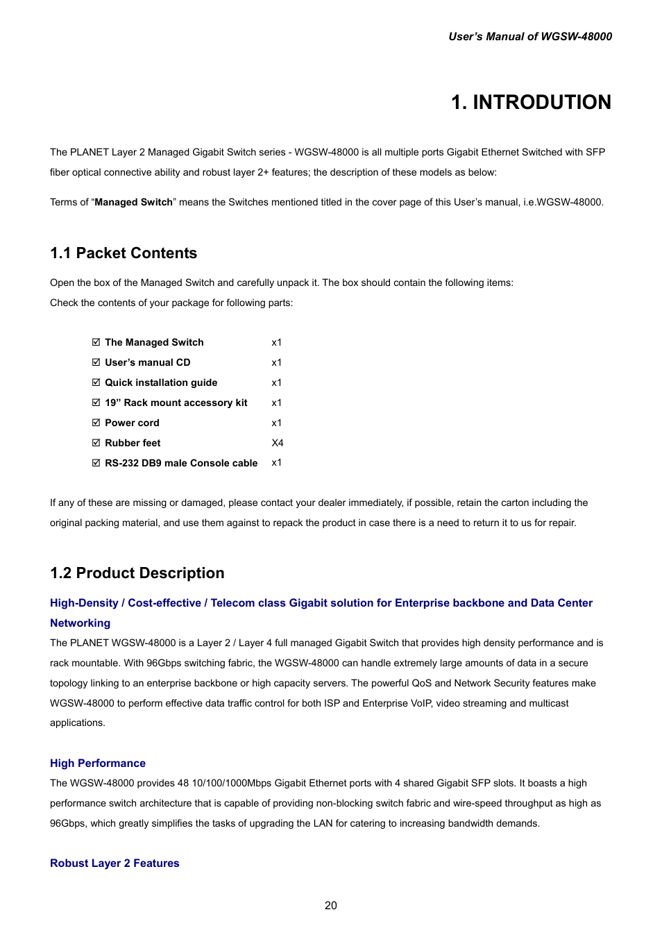 Introdution, 1 packet contents, 2 product description | PLANET WGSW-48000 User Manual | Page 20 / 293