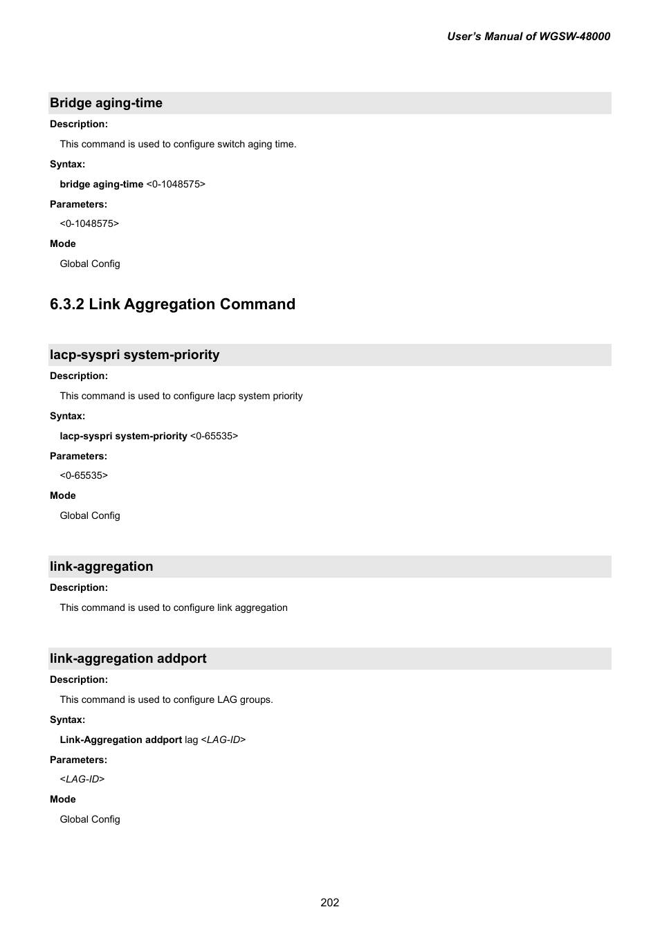 Bridge aging-time, 2 link aggregation command, Lacp-syspri system-priority | Link-aggregation, Link-aggregation addport | PLANET WGSW-48000 User Manual | Page 202 / 293