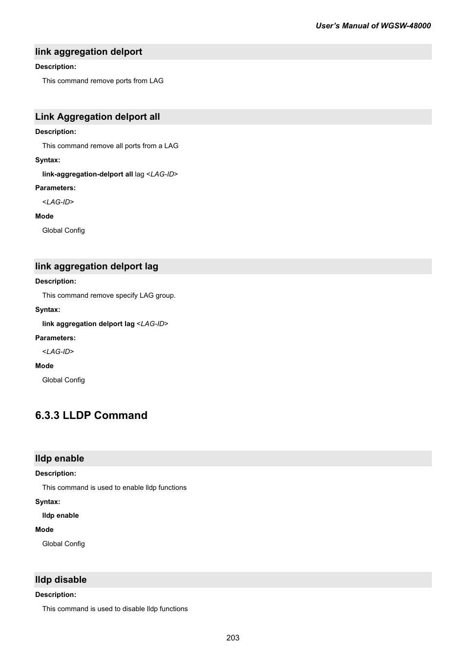 Link aggregation delport, Link aggregation delport all, Link aggregation delport lag | 3 lldp command, Lldp enable, Lldp disable | PLANET WGSW-48000 User Manual | Page 203 / 293