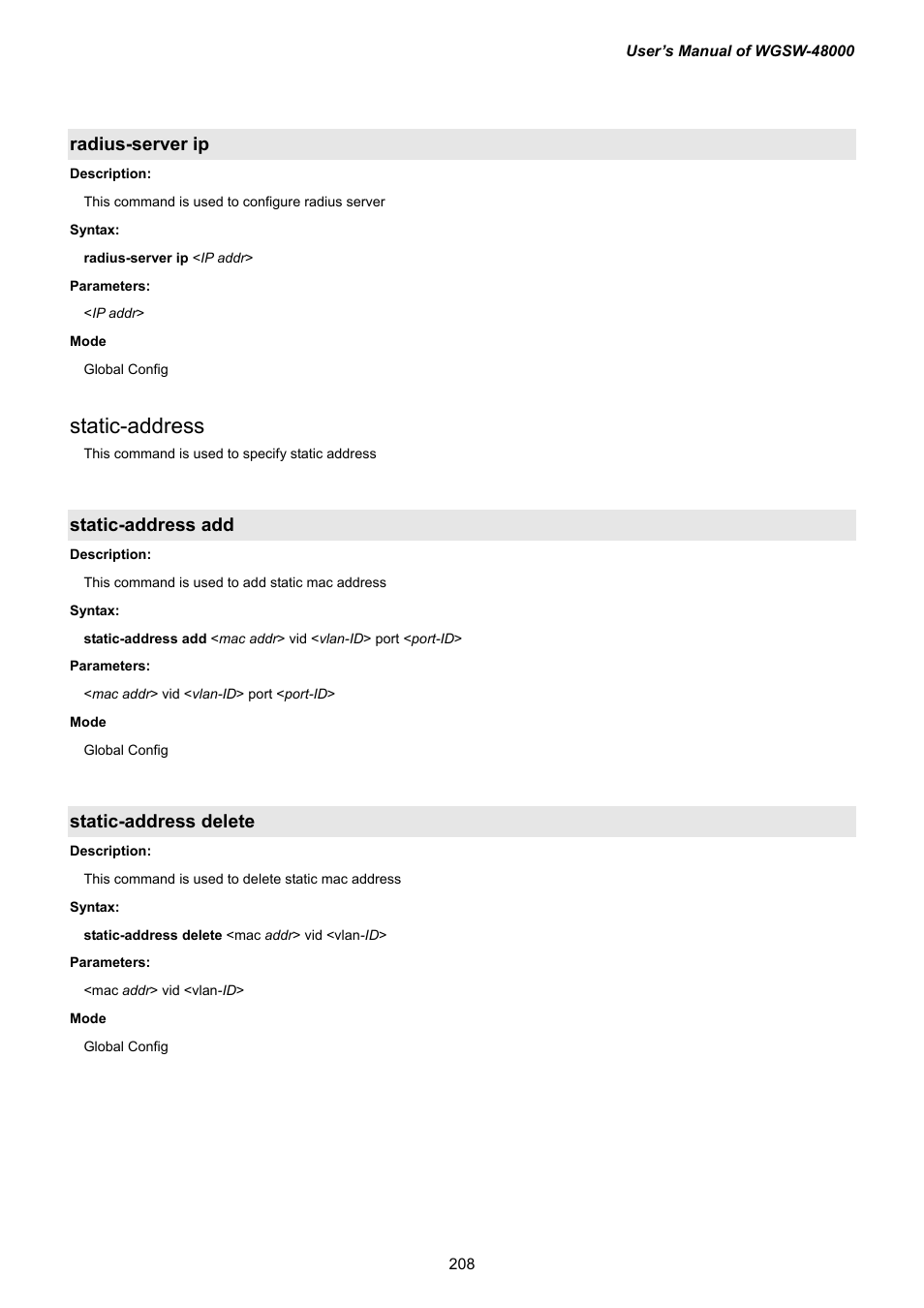 Radius-server ip, Static-address add, Static-address delete | Static-address | PLANET WGSW-48000 User Manual | Page 208 / 293