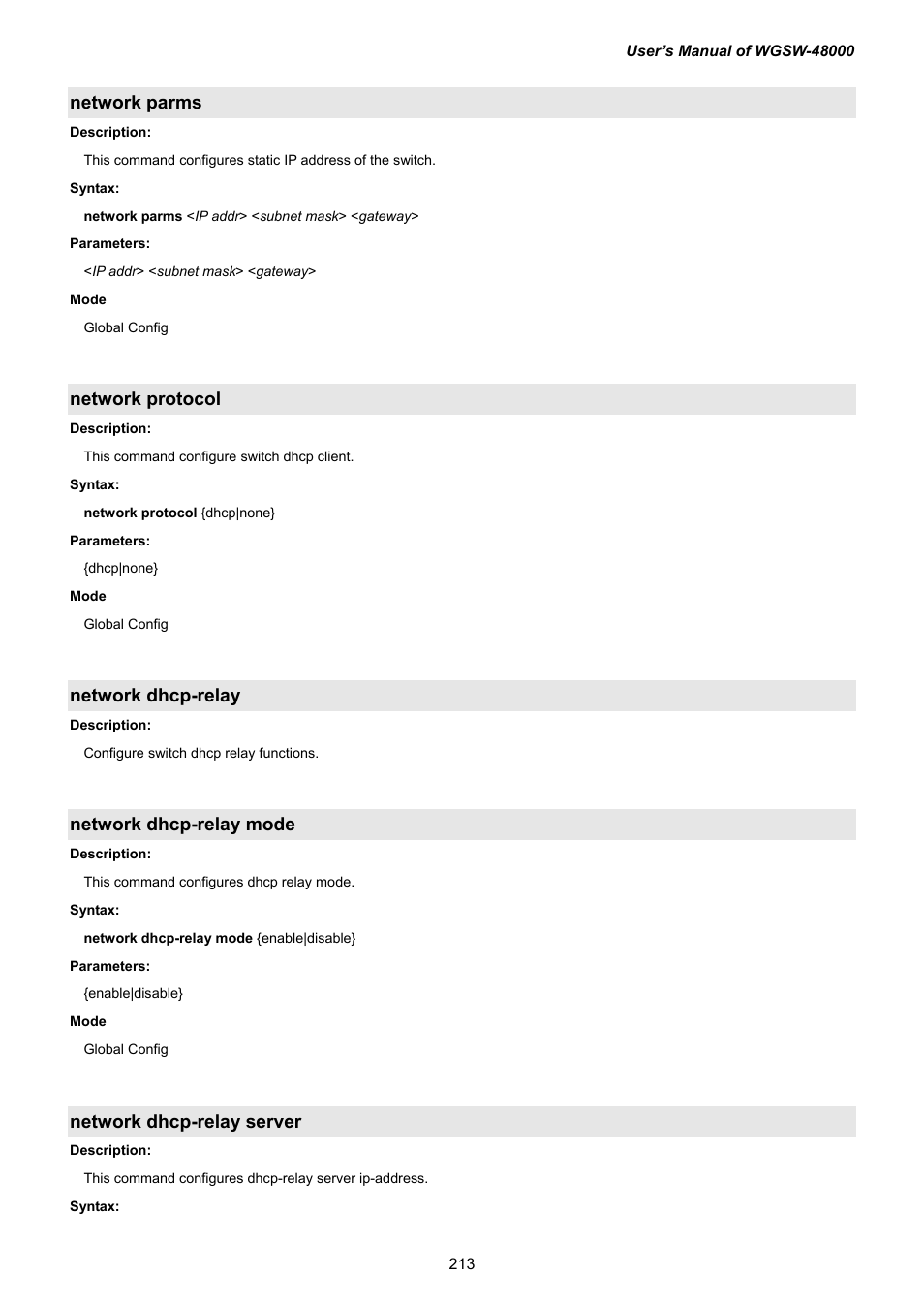 Network parms, Network protocol, Network dhcp-relay | Network dhcp-relay mode, Network dhcp-relay server | PLANET WGSW-48000 User Manual | Page 213 / 293