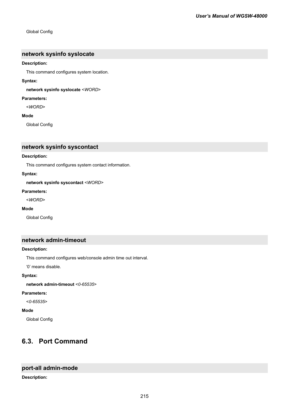 Network sysinfo syslocate, Network sysinfo syscontact, Network admin-timeout | 9 port command, Port-all admin-mode | PLANET WGSW-48000 User Manual | Page 215 / 293