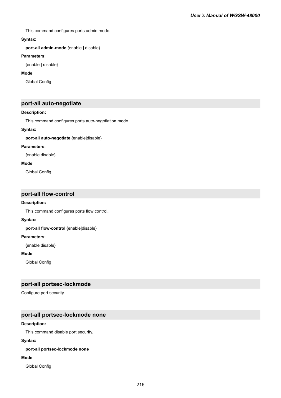 Port-all auto-negotiate, Port-all flow-control, Port-all portsec-lockmode | Port-all portsec-lockmode none | PLANET WGSW-48000 User Manual | Page 216 / 293