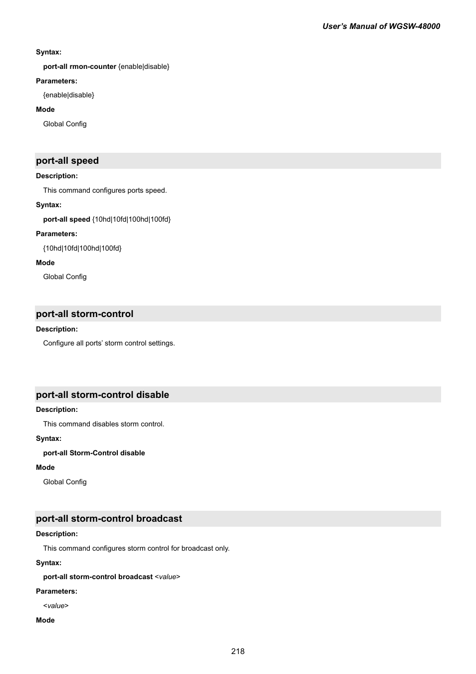 Port-all speed, Port-all storm-control, Port-all storm-control disable | Port-all storm-control broadcast | PLANET WGSW-48000 User Manual | Page 218 / 293