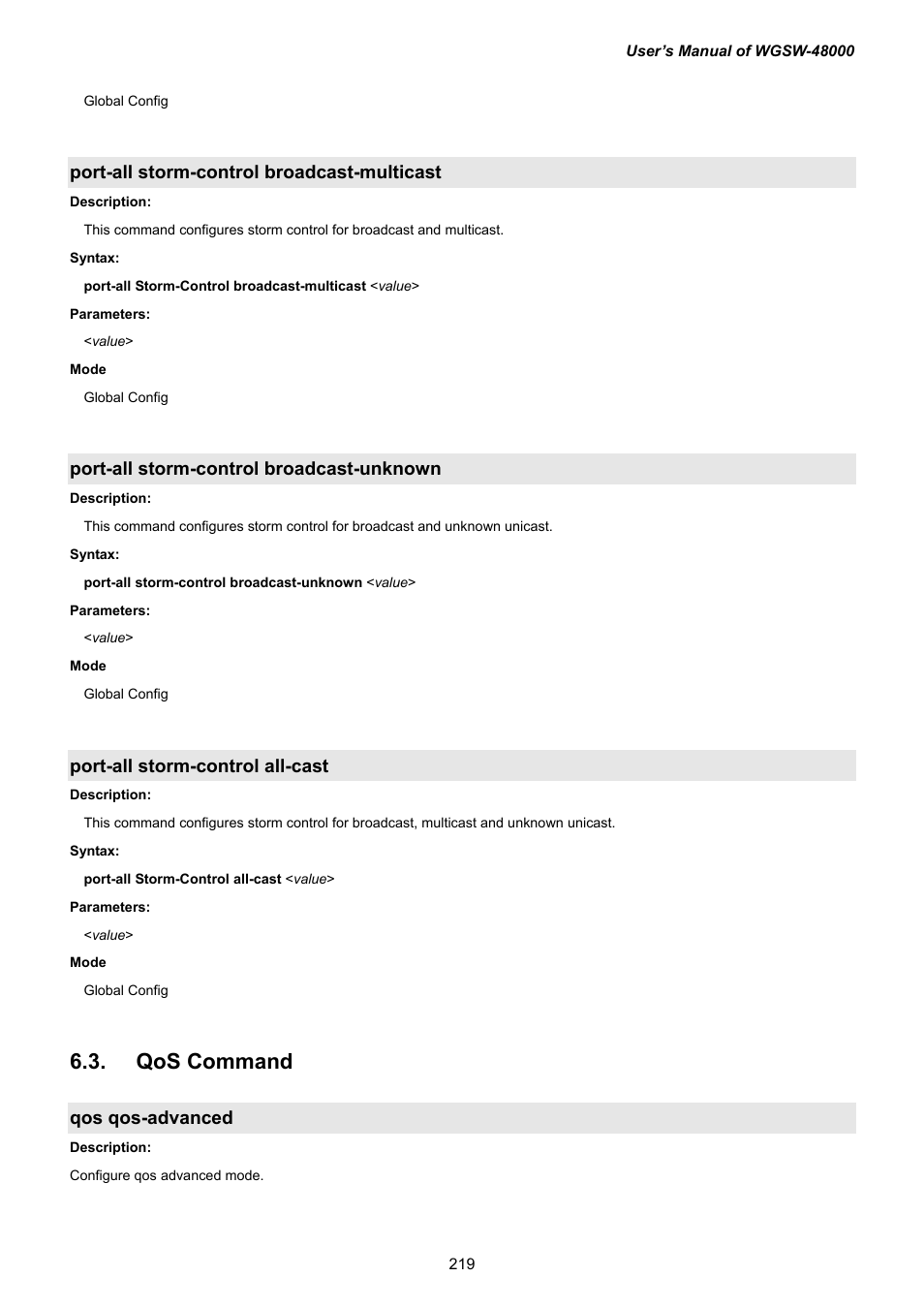 Port-all storm-control broadcast-multicast, Port-all storm-control broadcast-unknown, Port-all storm-control all-cast | 10 qos command, Qos qos-advanced | PLANET WGSW-48000 User Manual | Page 219 / 293