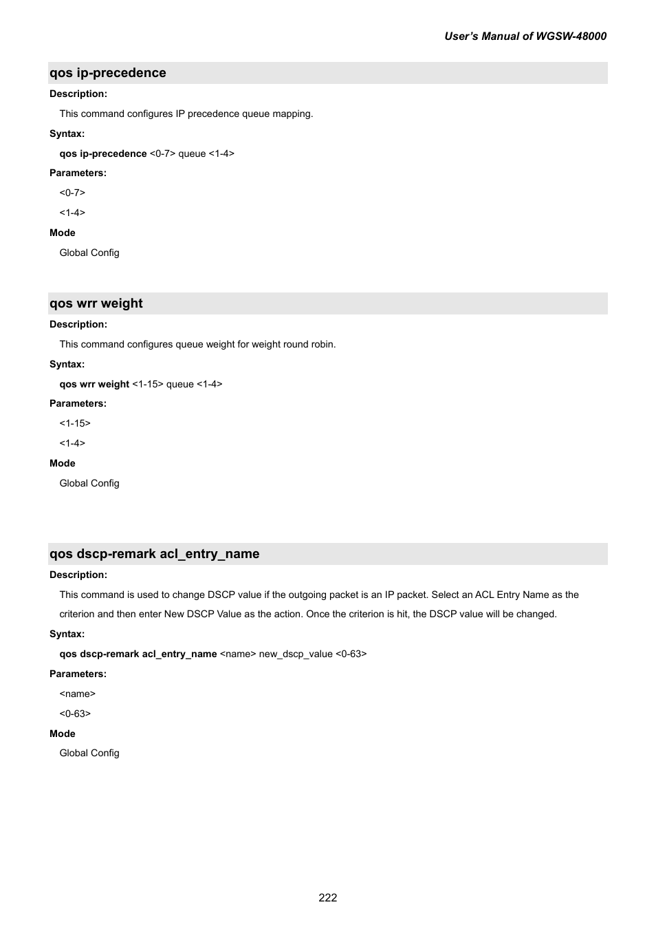 Qos ip-precedence, Qos wrr weight, Qos dscp-remark acl_entry_name | PLANET WGSW-48000 User Manual | Page 222 / 293