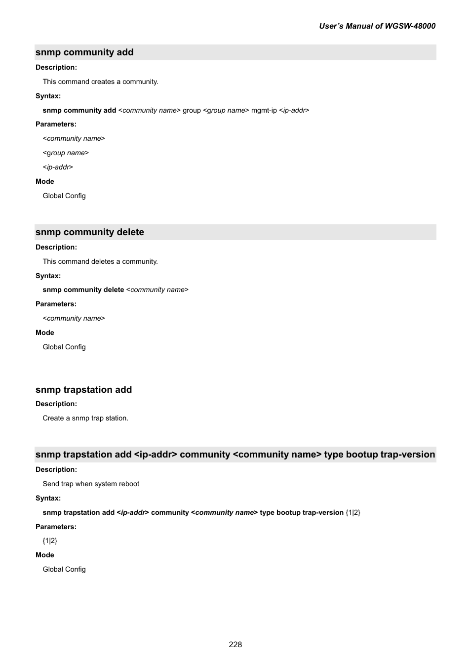 Snmp community add, Snmp community delete, Snmp trapstation add | PLANET WGSW-48000 User Manual | Page 228 / 293