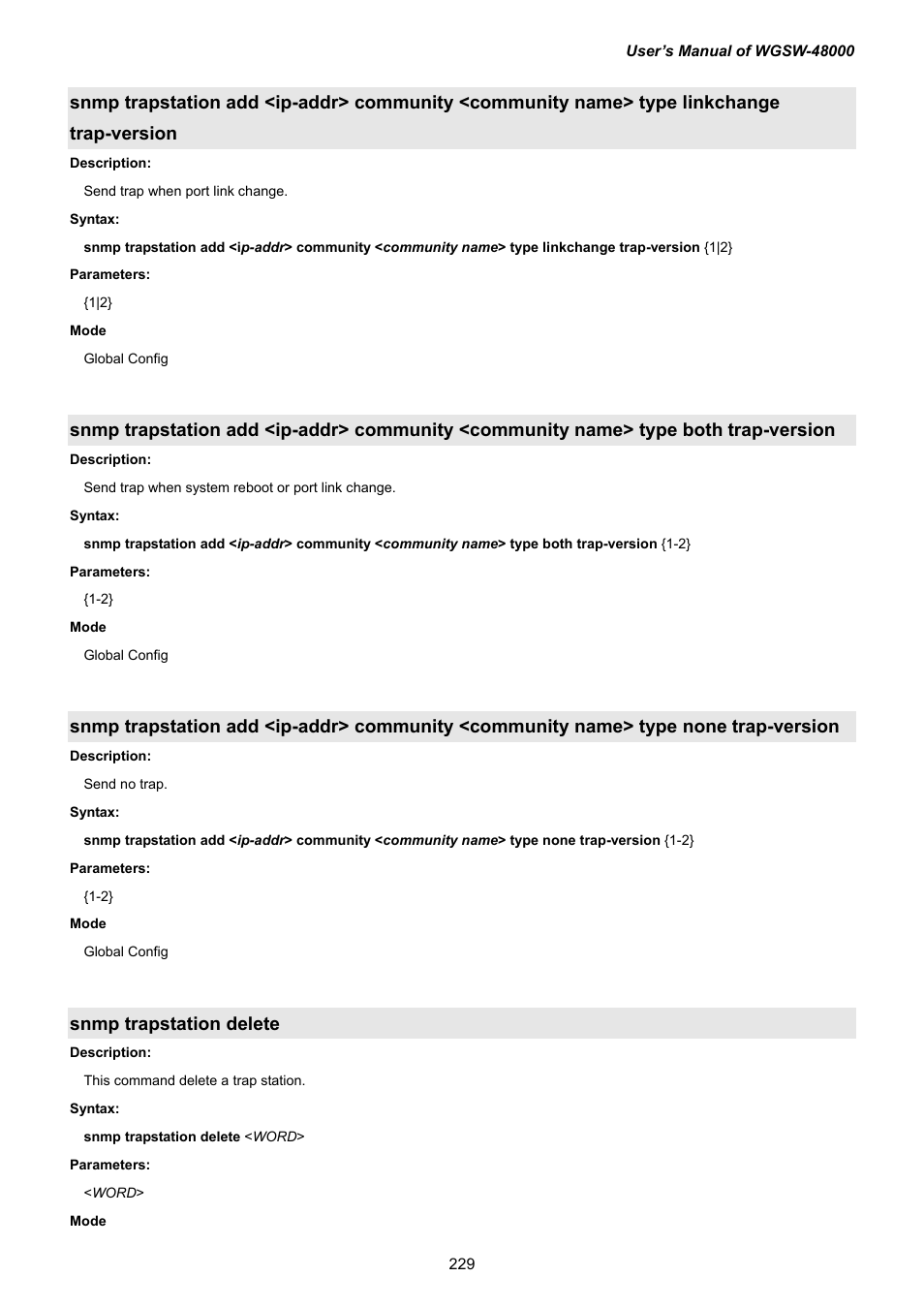 Snmp trapstation delete | PLANET WGSW-48000 User Manual | Page 229 / 293