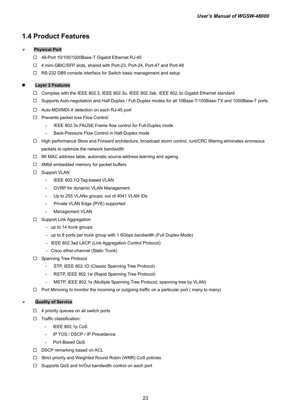 4 product features | PLANET WGSW-48000 User Manual | Page 23 / 293