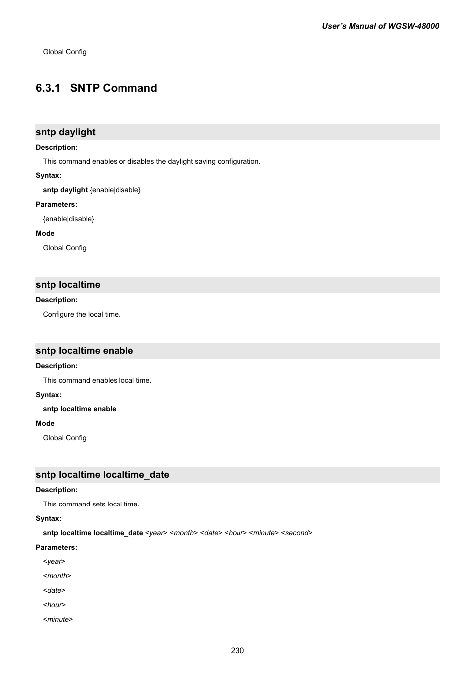 13 sntp command, Sntp daylight, Sntp localtime | Sntp localtime enable, Sntp localtime localtime_date, 3 sntp command | PLANET WGSW-48000 User Manual | Page 230 / 293