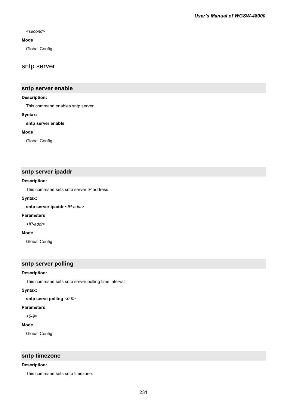 Sntp server enable, Sntp server ipaddr, Sntp server polling | Sntp timezone, Sntp server | PLANET WGSW-48000 User Manual | Page 231 / 293
