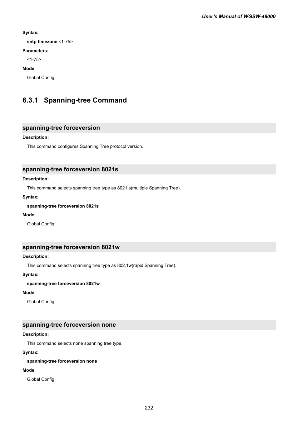 14 spanning-tree command, Spanning-tree forceversion, Spanning-tree forceversion 8021s | Spanning-tree forceversion 8021w, Spanning-tree forceversion none, 4 spanning-tree command | PLANET WGSW-48000 User Manual | Page 232 / 293