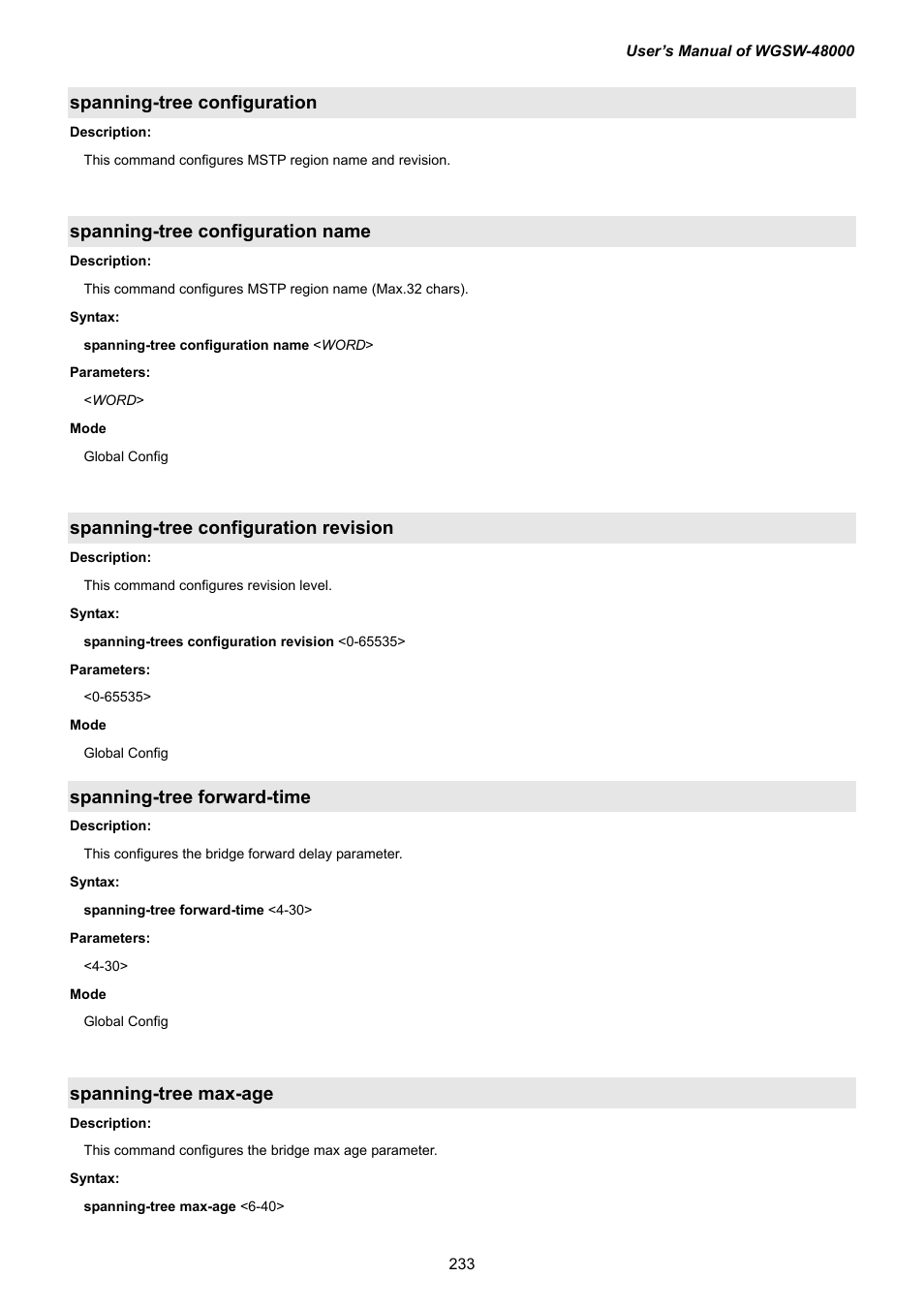 Spanning-tree configuration, Spanning-tree configuration name, Spanning-tree configuration revision | Spanning-tree forward-time, Spanning-tree max-age | PLANET WGSW-48000 User Manual | Page 233 / 293