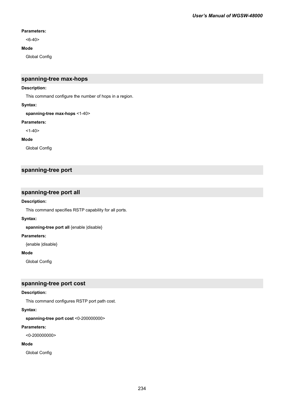 Spanning-tree max-hops, Spanning-tree port, Spanning-tree port all | Spanning-tree port cost | PLANET WGSW-48000 User Manual | Page 234 / 293