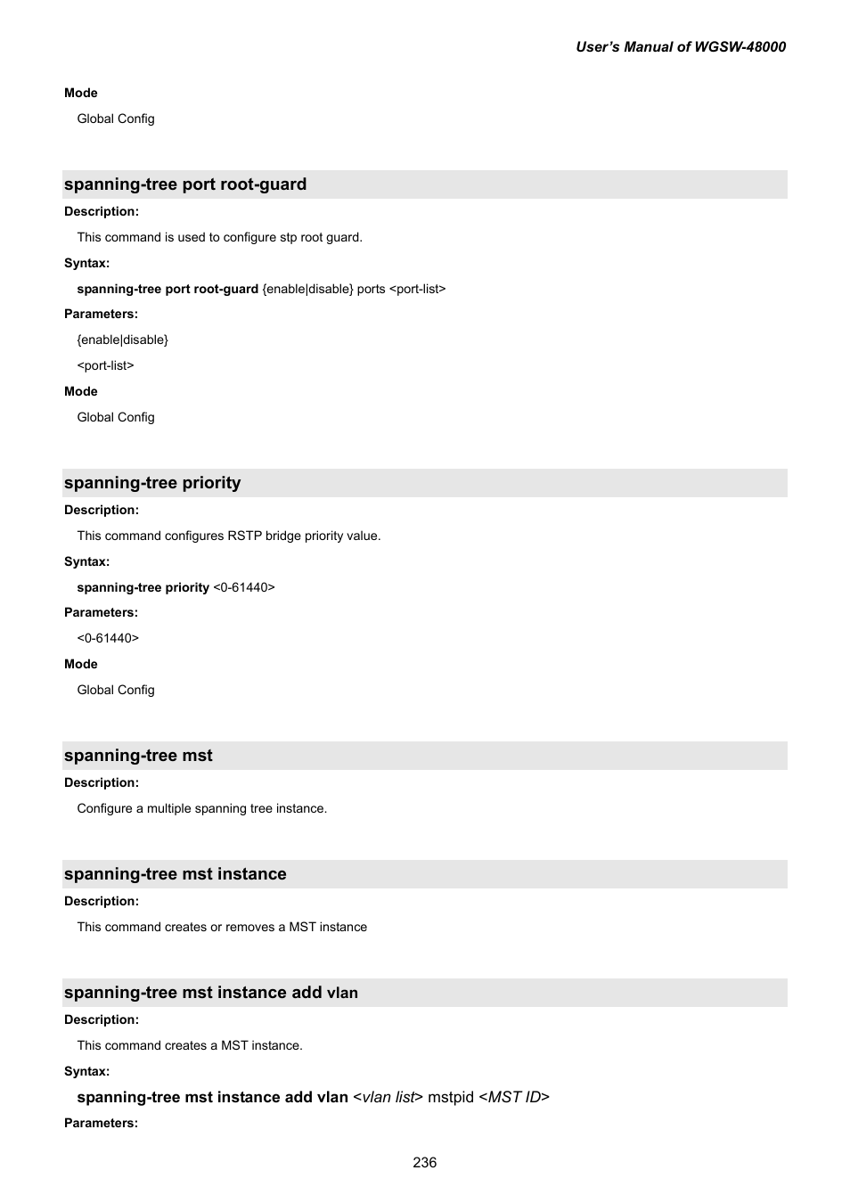 Spanning-tree port root-guard, Spanning-tree priority, Spanning-tree mst | Spanning-tree mst instance, Spanning-tree mst instance add vlan, Spanning-tree mst instance add | PLANET WGSW-48000 User Manual | Page 236 / 293