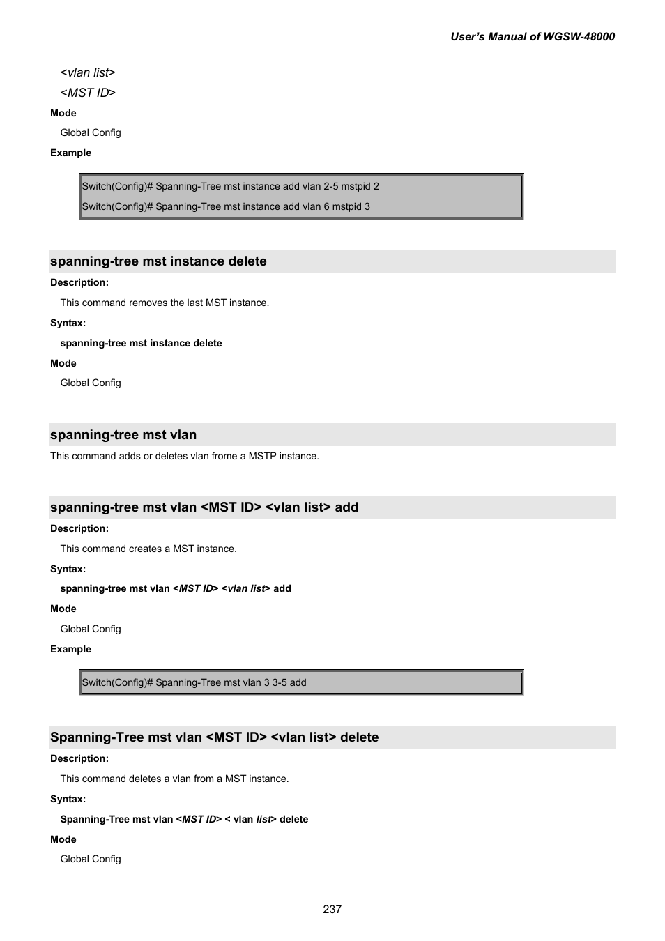 Spanning-tree mst instance delete, Spanning-tree mst vlan, Spanning-tree mst vlan <mst id> <vlan list> add | Spanning-tree mst vlan <mst id> <vlan list> delete | PLANET WGSW-48000 User Manual | Page 237 / 293